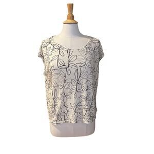 Cynthia Rowley Short Sleeve Black White Floral Linen Top Button Back Closure XL